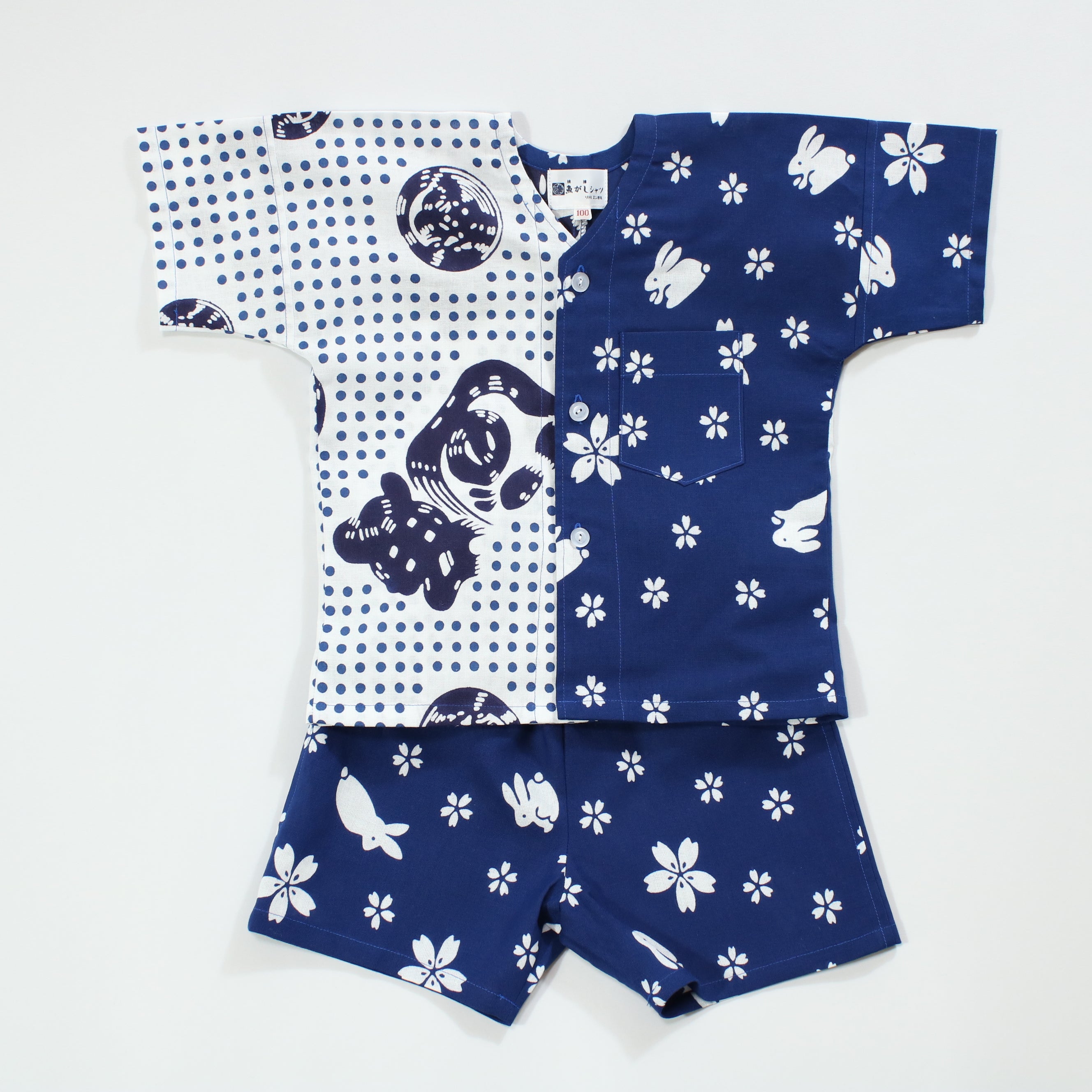 【うさぎに桜/豆絞り(紺玉地×紺)】魚河岸シャツ/片身替／上下セット (キッズ)