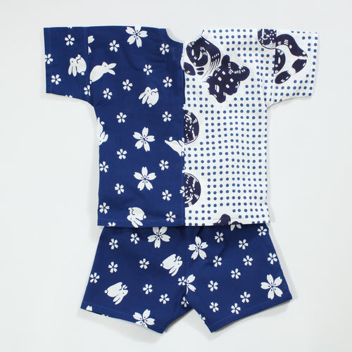 【うさぎに桜/豆絞り(紺玉地×紺)】魚河岸シャツ/片身替／上下セット (キッズ)