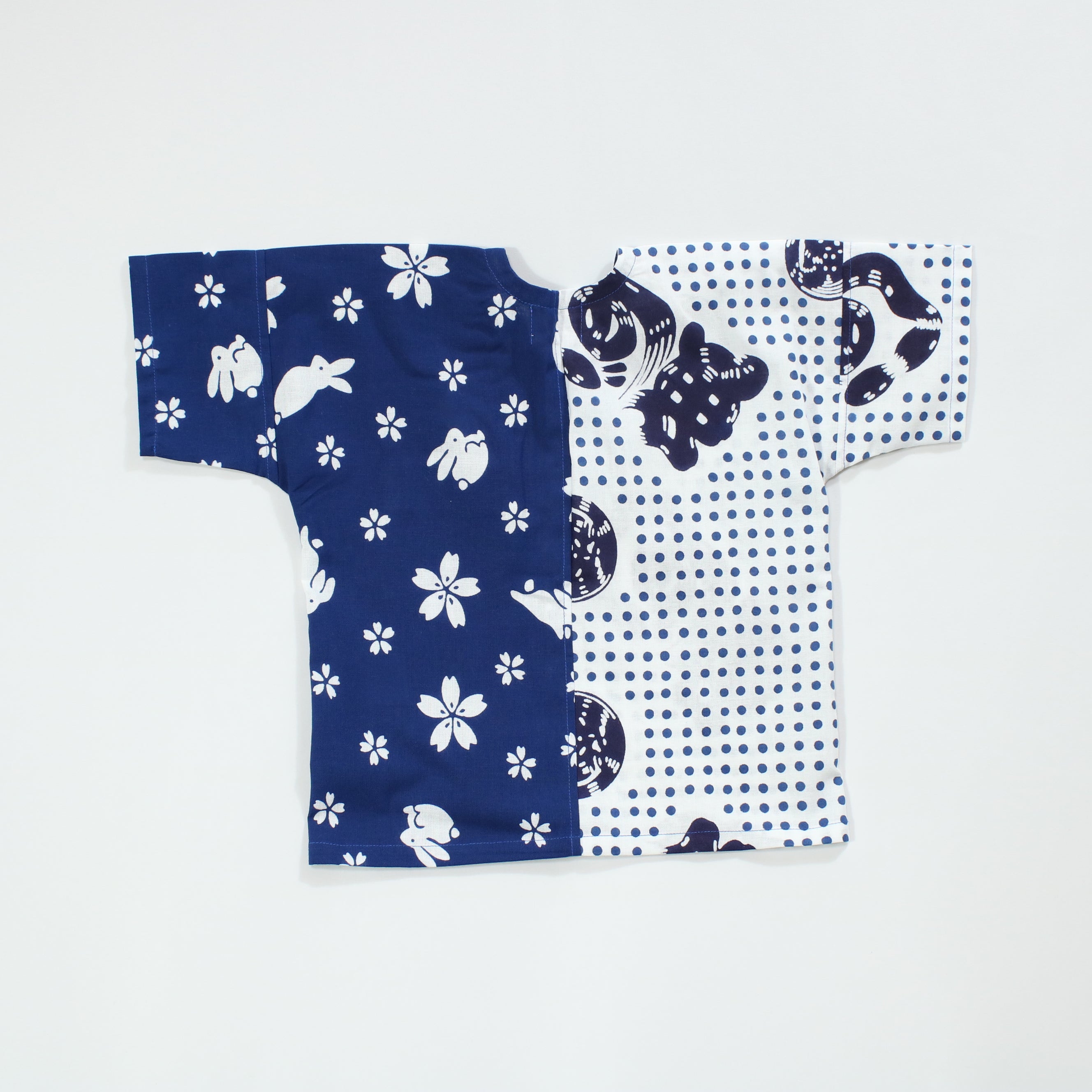 【うさぎに桜/豆絞り(紺玉地×紺)】魚河岸シャツ/片身替／上下セット (キッズ)