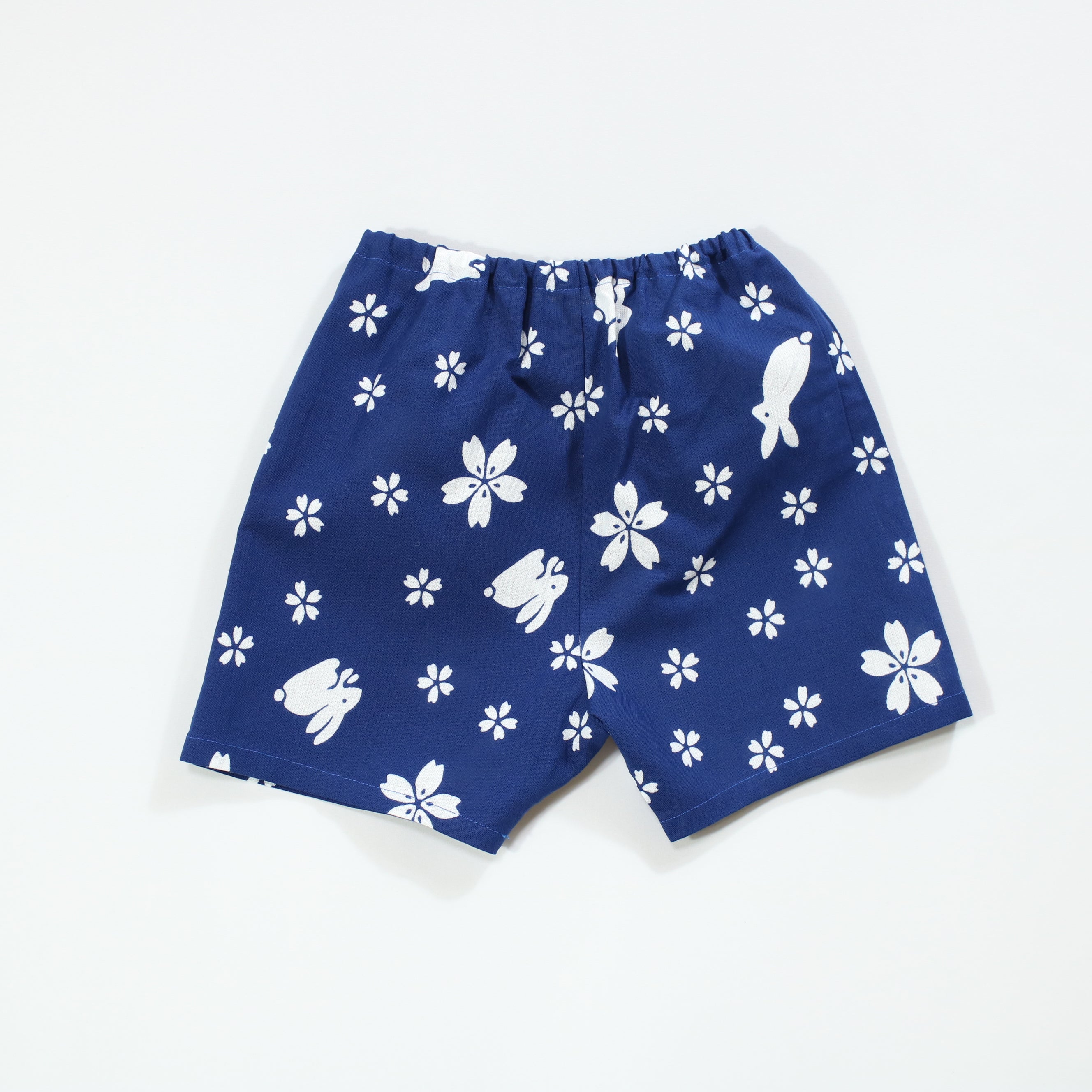 【うさぎに桜/豆絞り(紺玉地×紺)】魚河岸シャツ/片身替／上下セット (キッズ)