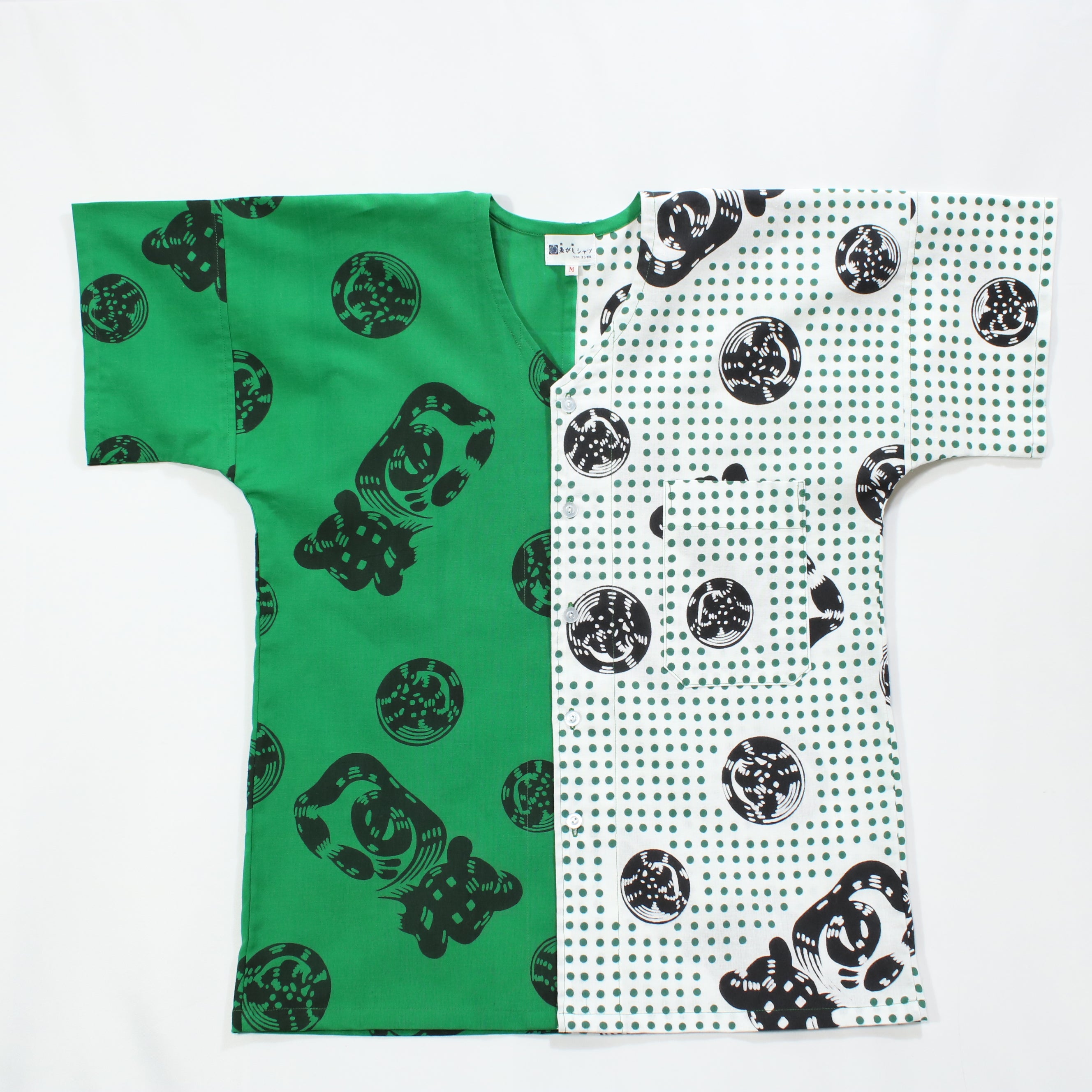【魚河岸(緑地)/豆絞り(緑玉地)】魚河岸シャツ/片身替／半袖
