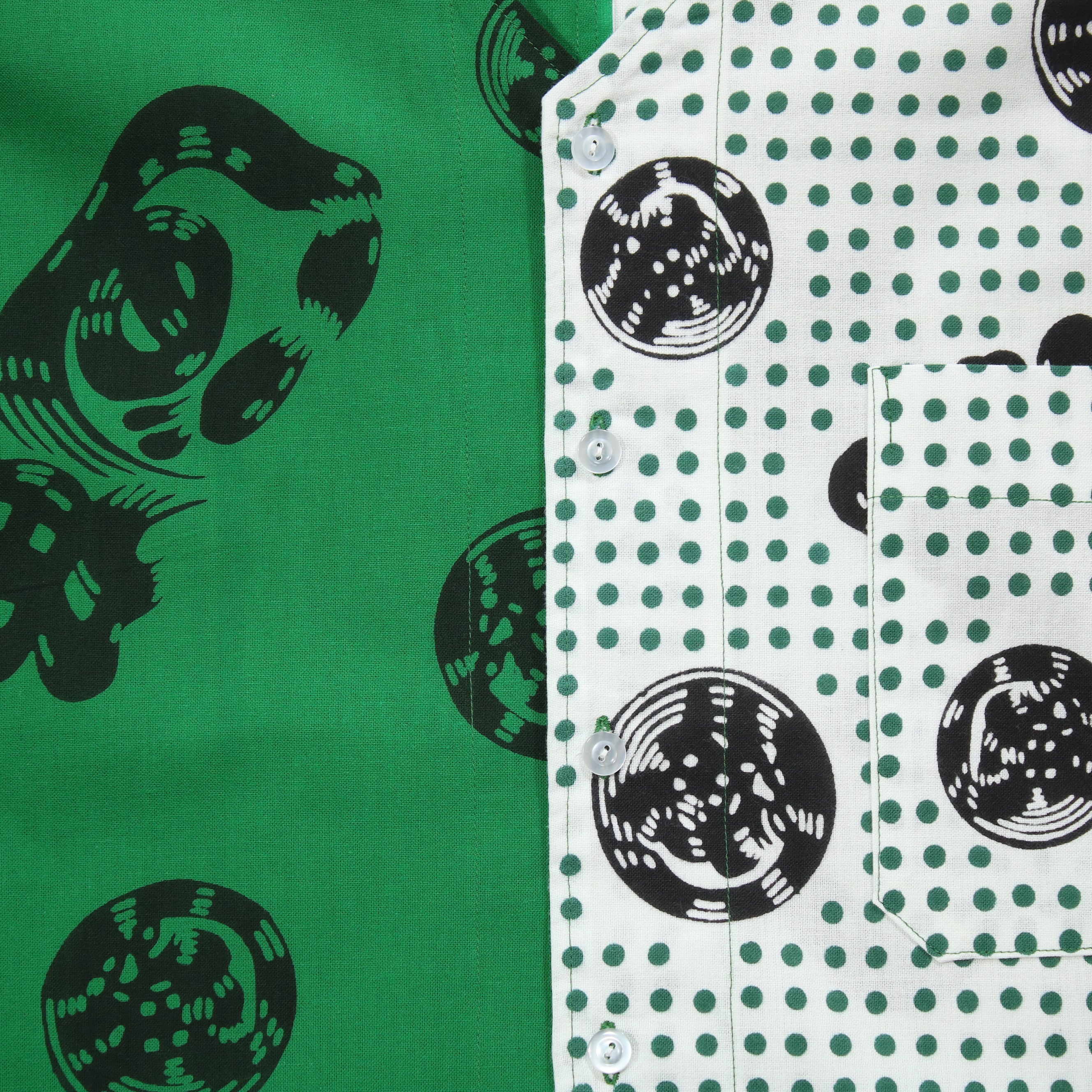 【魚河岸(緑地)/豆絞り(緑玉地)】魚河岸シャツ/片身替／半袖