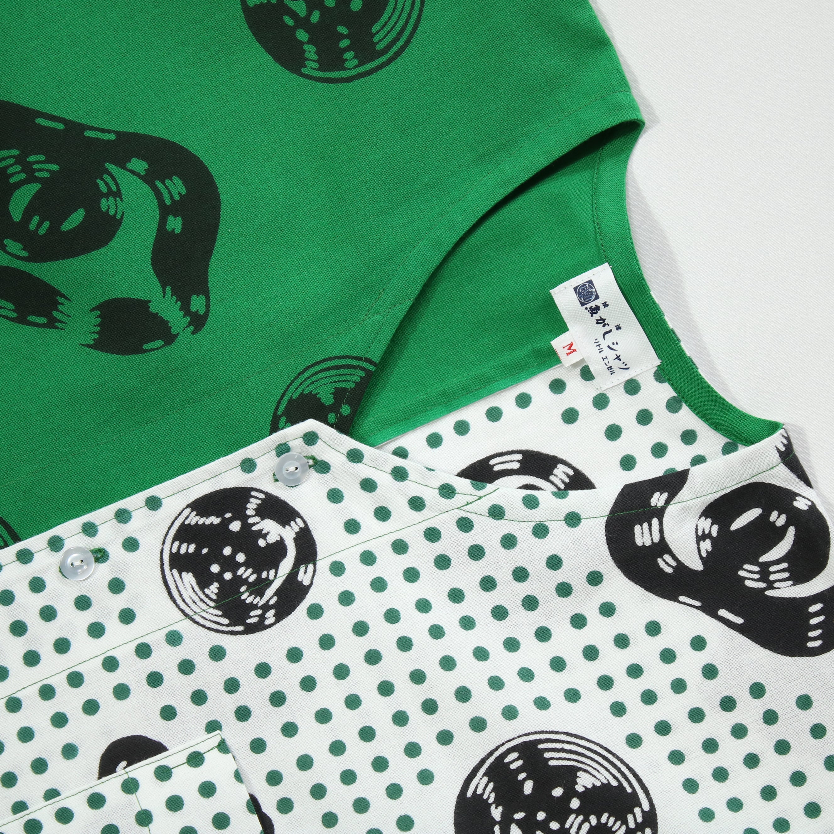 【魚河岸(緑地)/豆絞り(緑玉地)】魚河岸シャツ/片身替／半袖