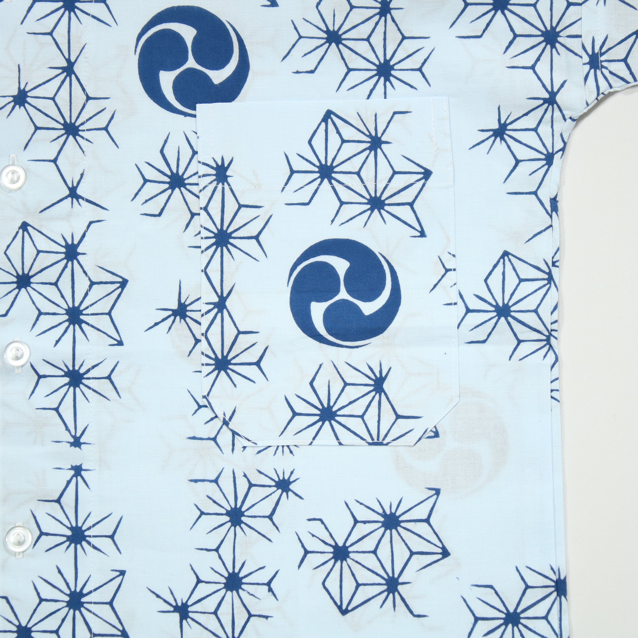 【麻の葉に巴(水色地)】焼津シャツ／半袖