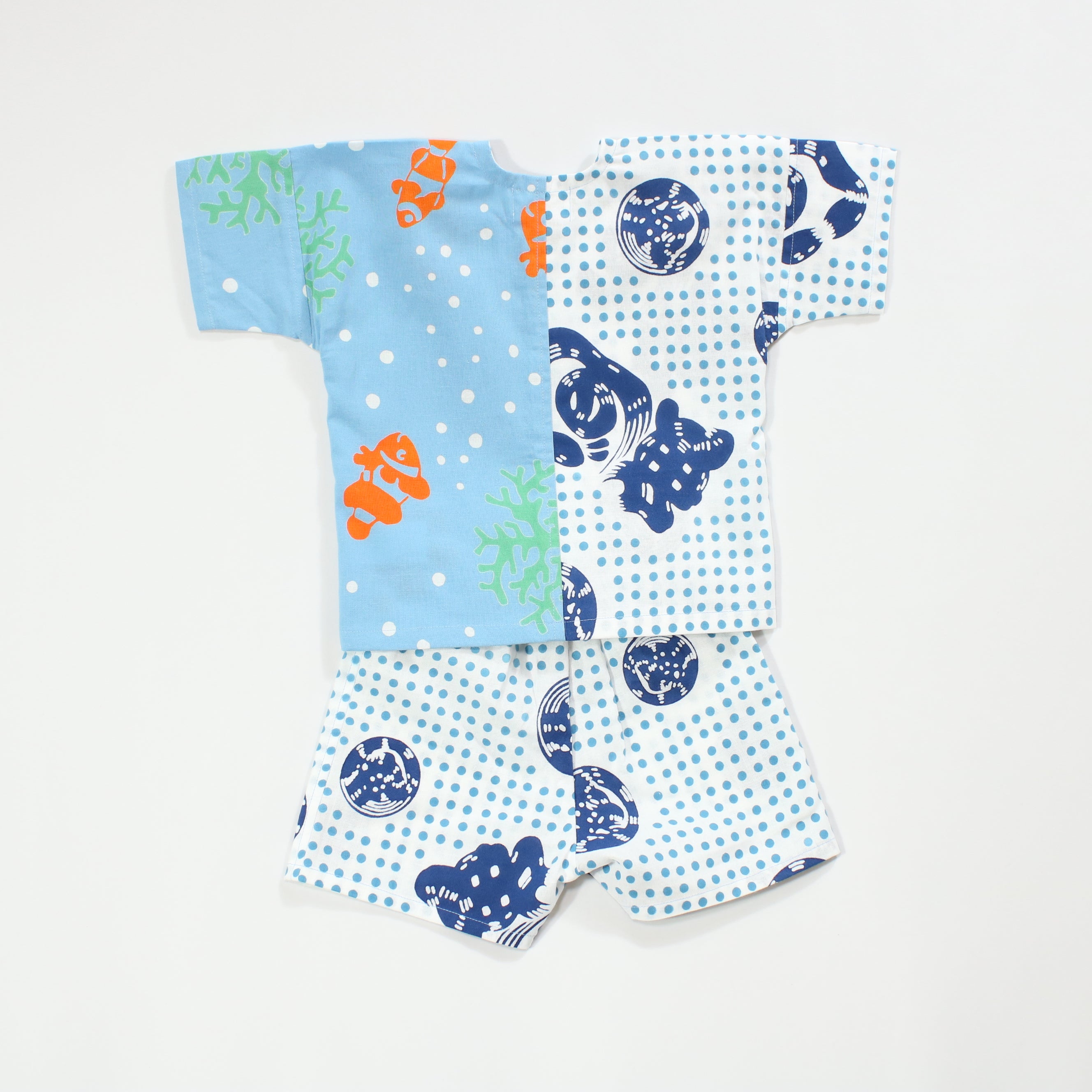 【くまのみ/豆絞り(水色玉地)】魚河岸シャツ/片身替／上下セット (キッズ)