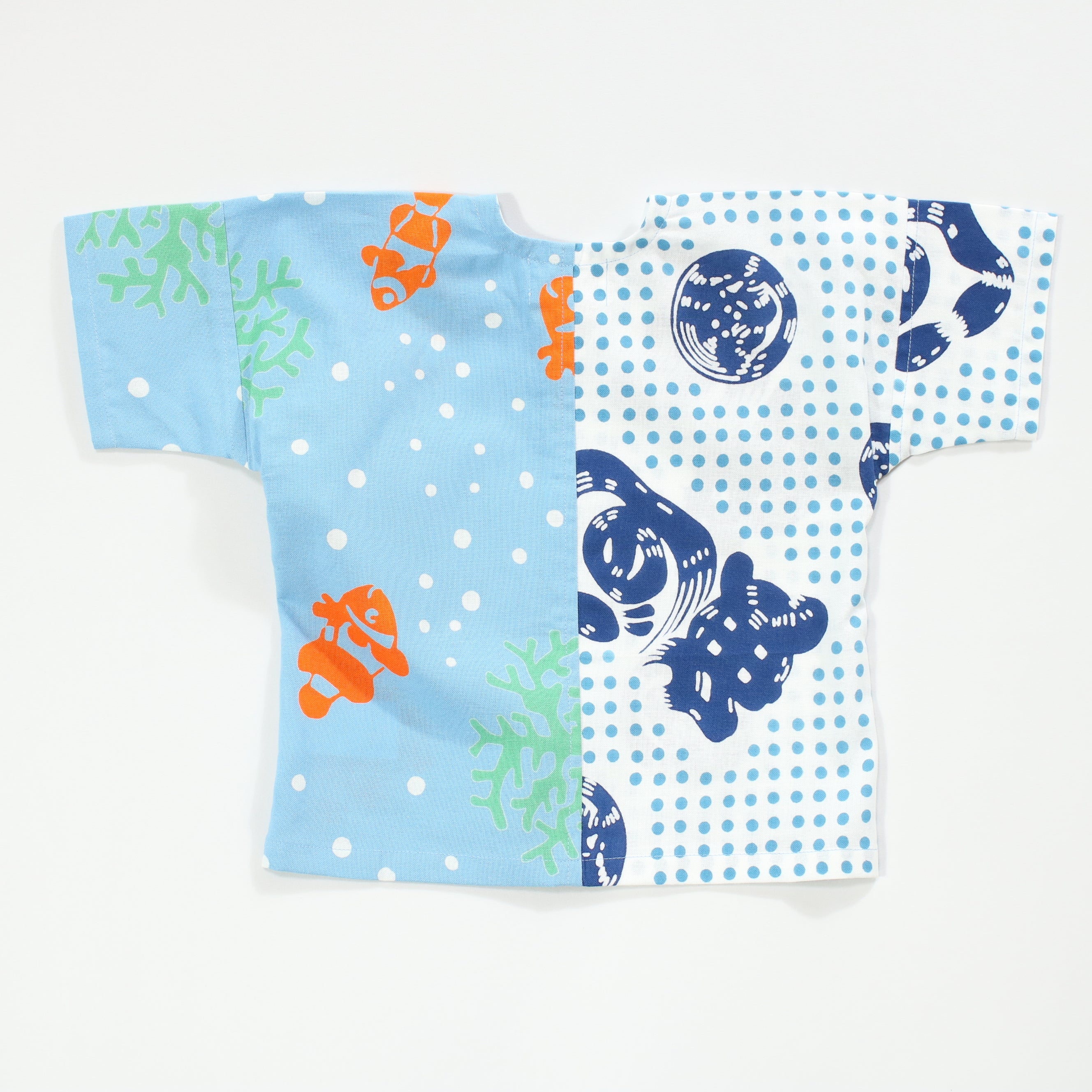 【くまのみ/豆絞り(水色玉地)】魚河岸シャツ/片身替／上下セット (キッズ)