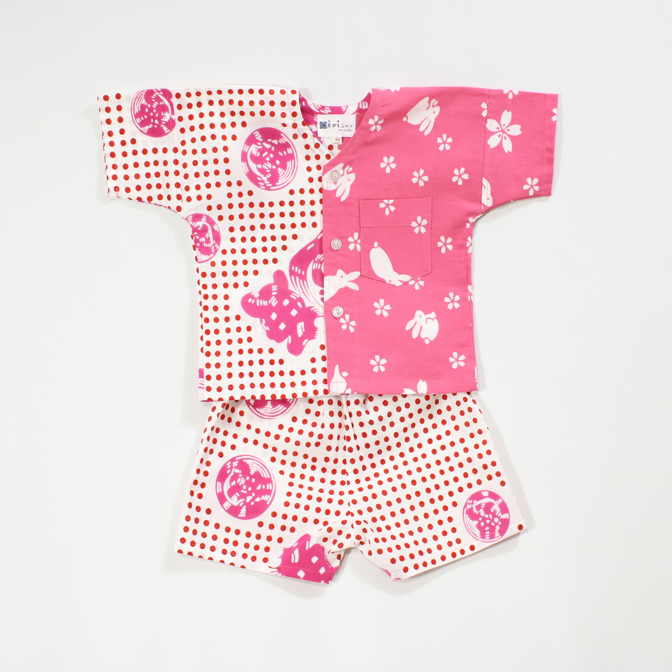 【うさぎに桜/豆絞り(赤玉地)】魚河岸シャツ/片身替／上下セット (キッズ)
