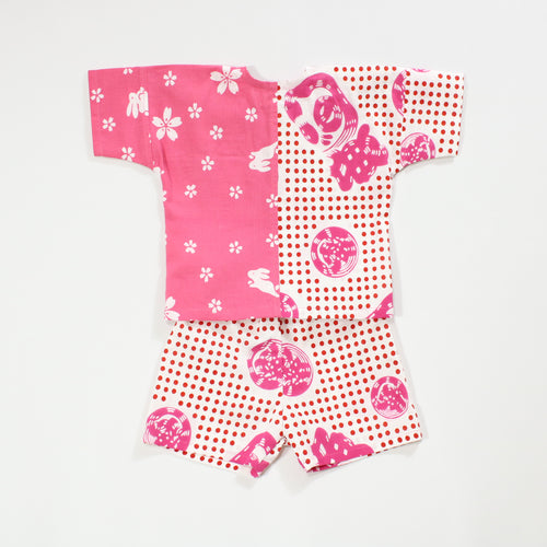 【うさぎに桜/豆絞り(赤玉地)】魚河岸シャツ/片身替／上下セット (キッズ)