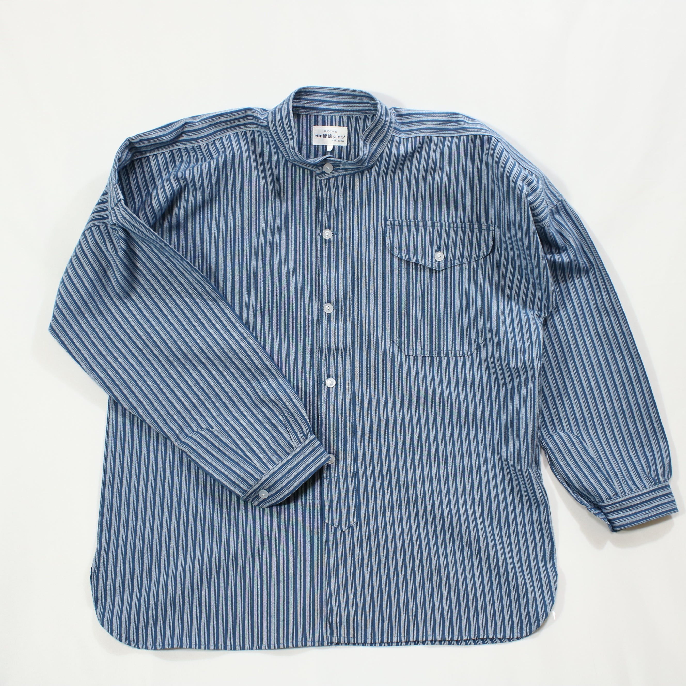 【鰹縞(青地)】スタンドカラーシャツ／長袖