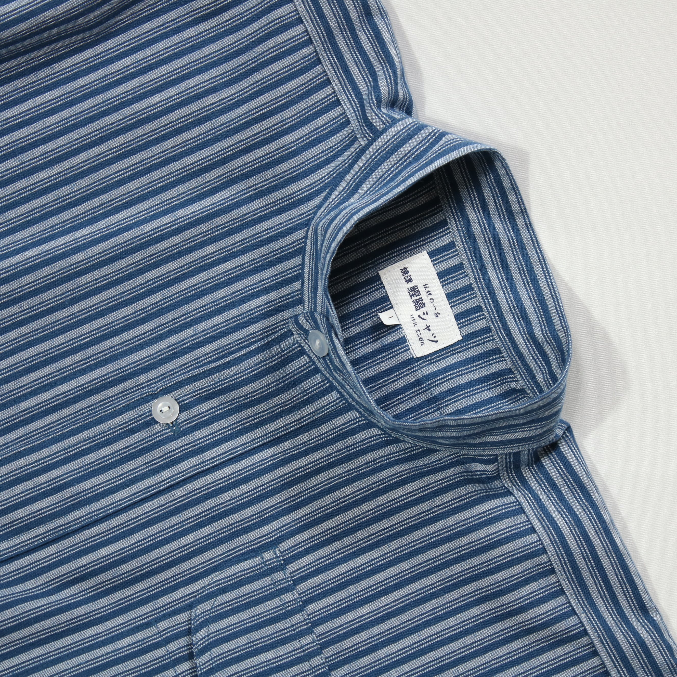 【鰹縞(青地)】スタンドカラーシャツ／長袖