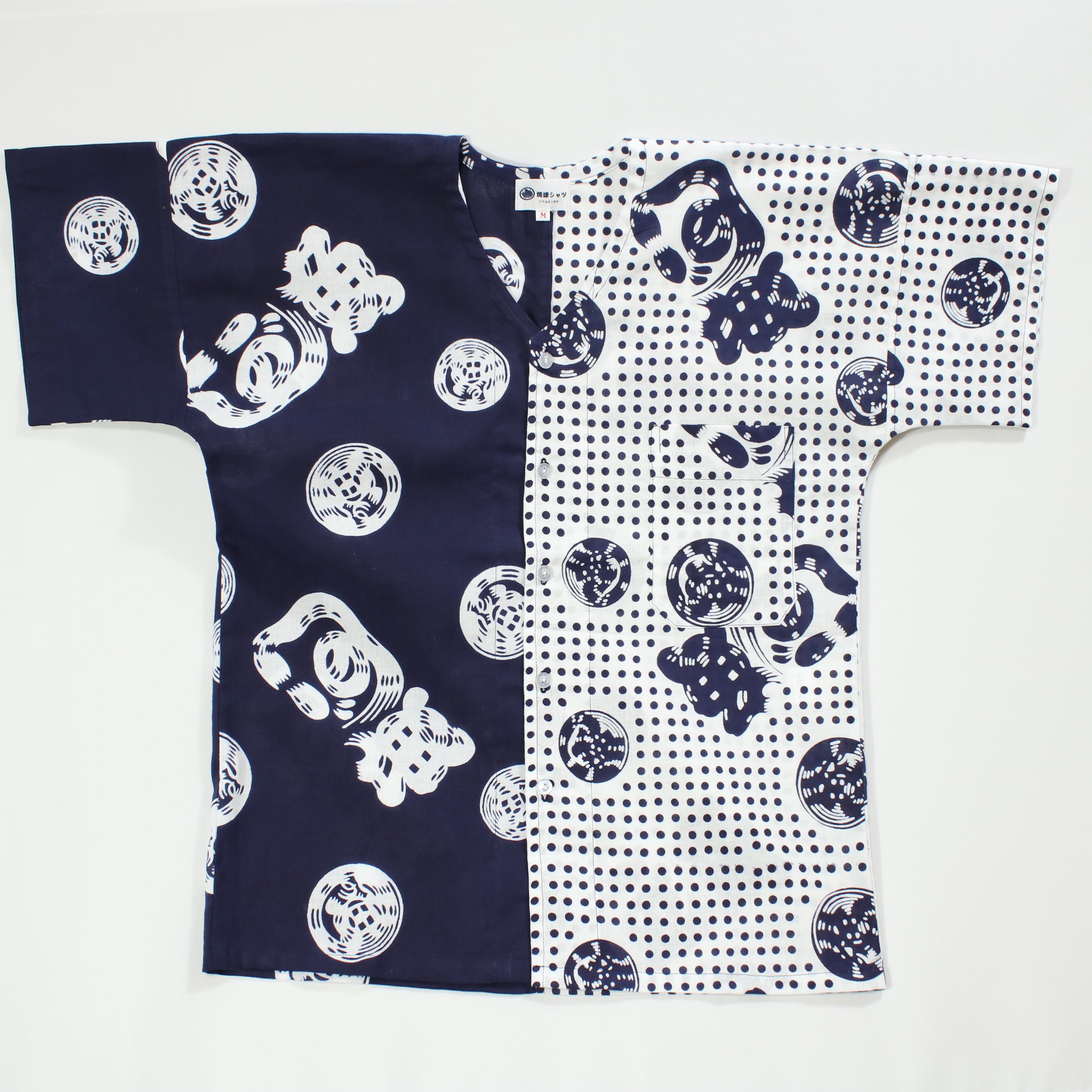 【魚河岸(紺地)/豆絞り(紺玉地×紺)】魚河岸シャツ/片身替／半袖