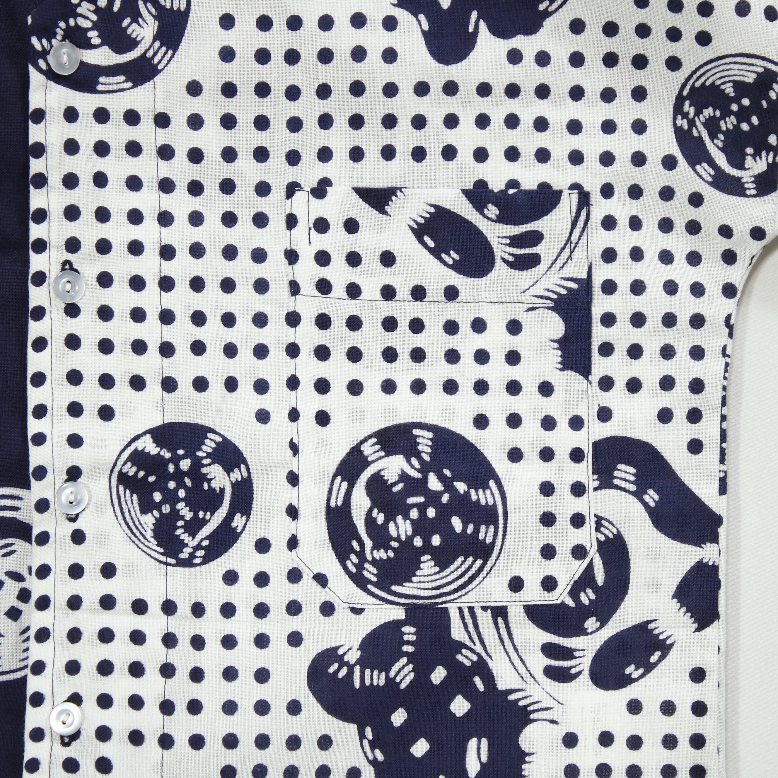 【魚河岸(紺地)/豆絞り(紺玉地×紺)】魚河岸シャツ/片身替／半袖