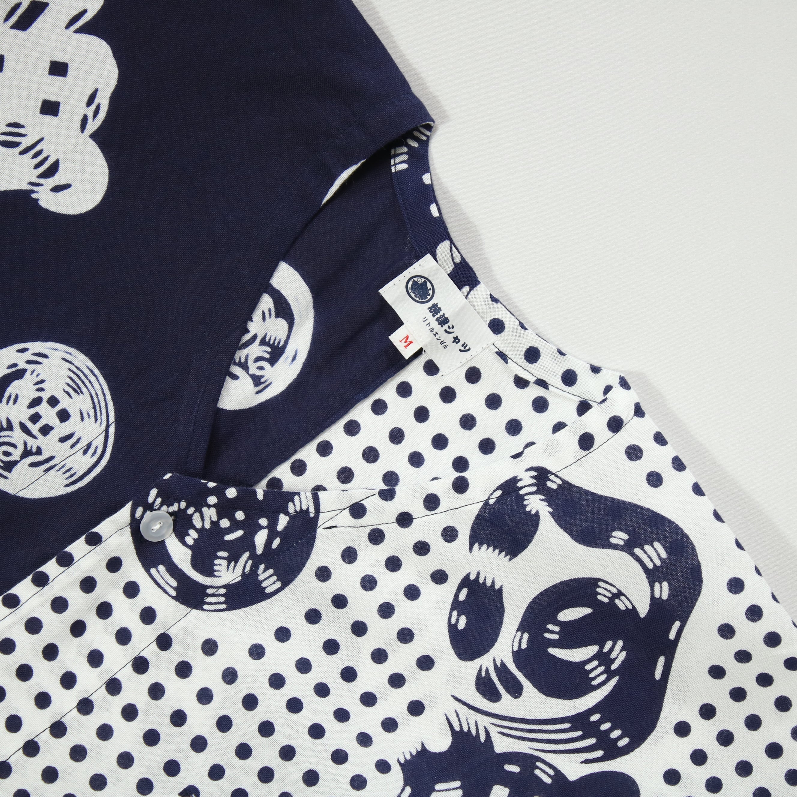 【魚河岸(紺地)/豆絞り(紺玉地×紺)】魚河岸シャツ/片身替／半袖