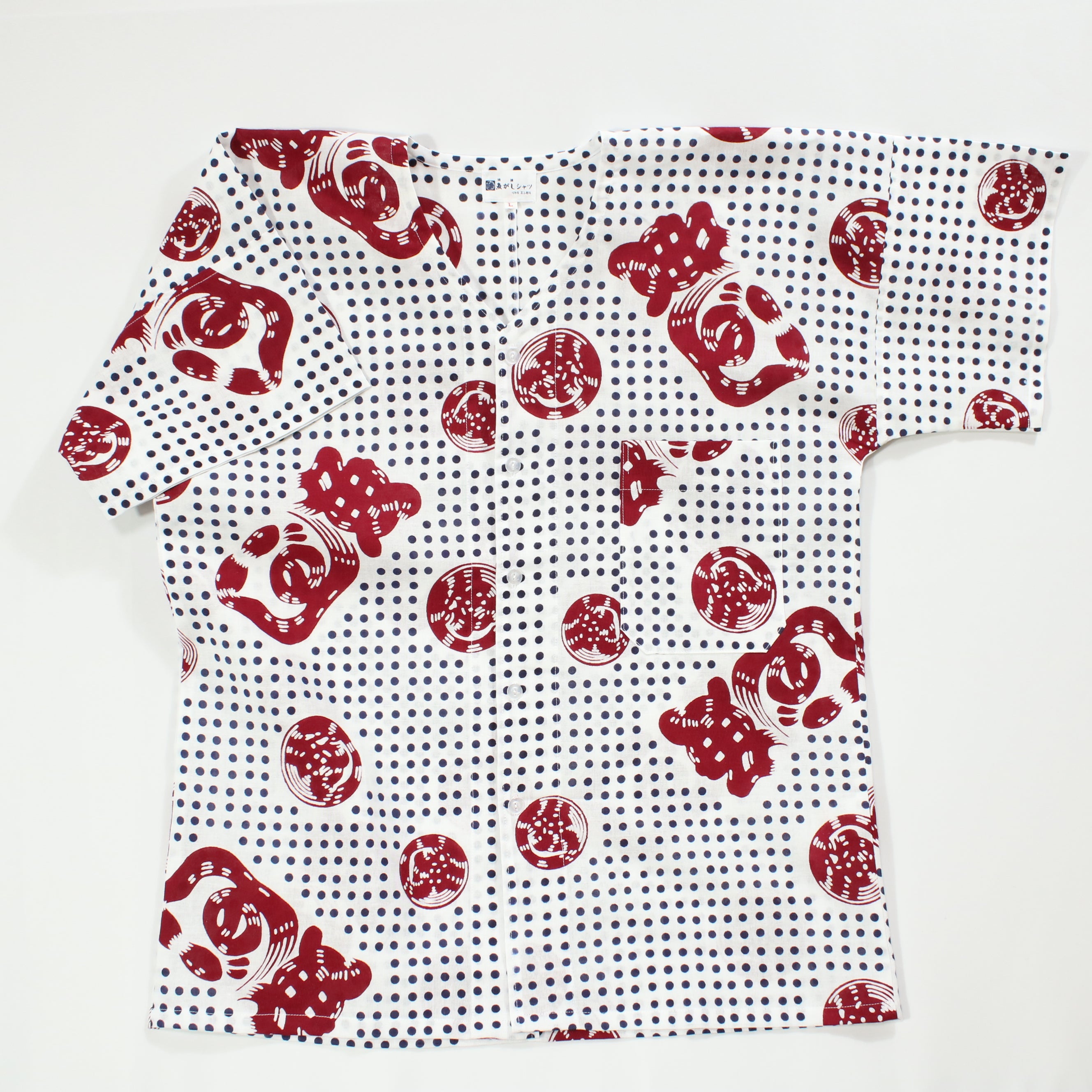 【豆絞り(紺玉地×エンジ)】魚河岸シャツ／半袖